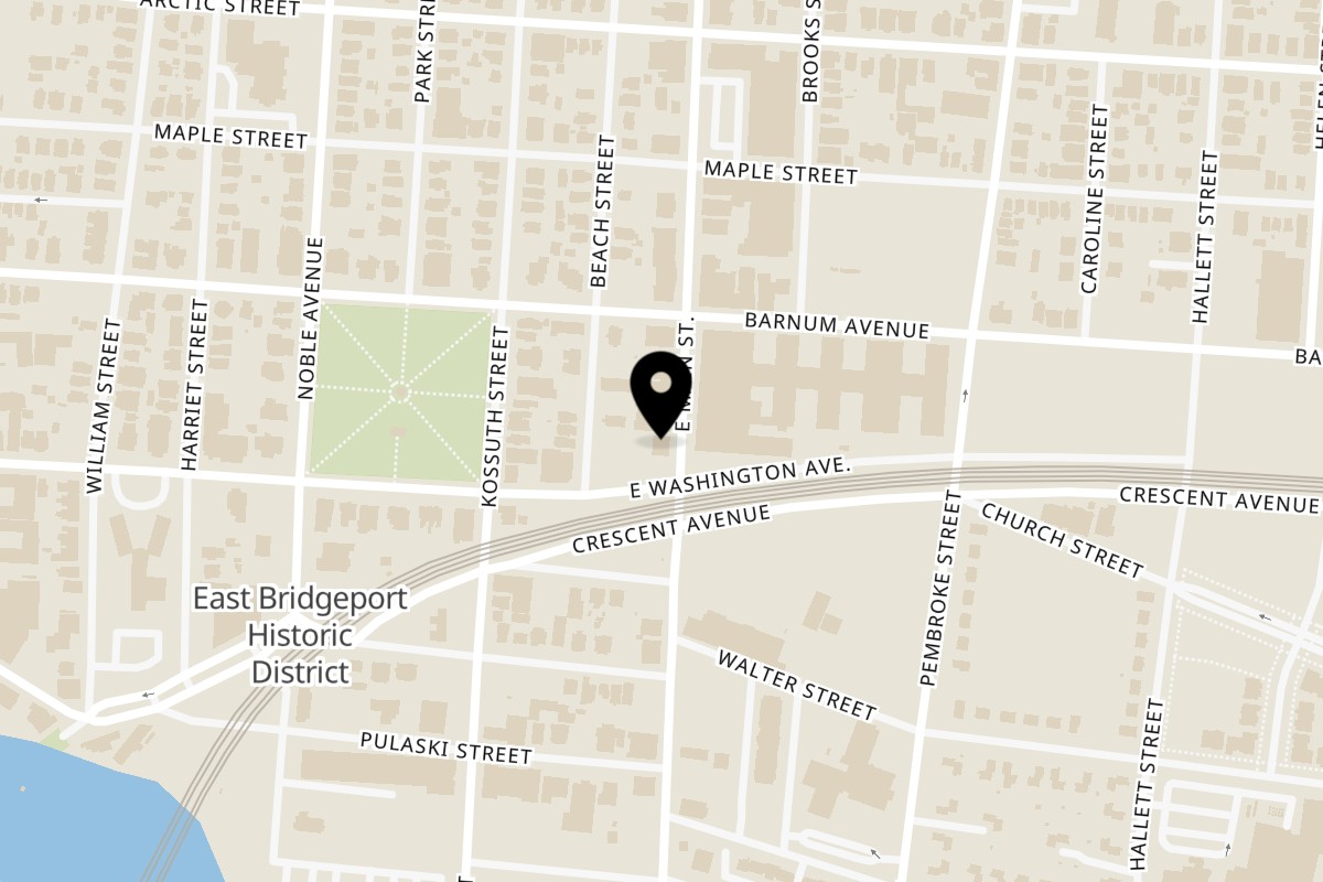 Map showing the location of Coyote Flaco Bridgeport on 845 E Main St in Bridgeport